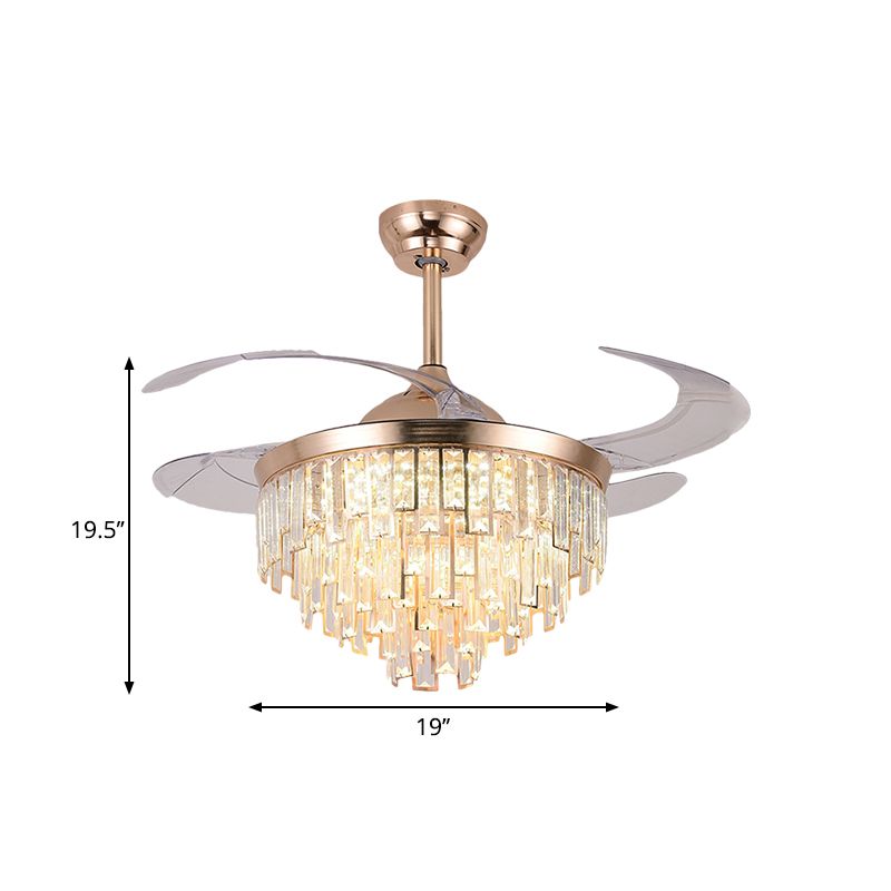 Taps toelopende LED Semi Flush Mount Simplicity Crystal Rectangle Rose Gold 4-blade hangende ventilatorlamp, 19 "breed