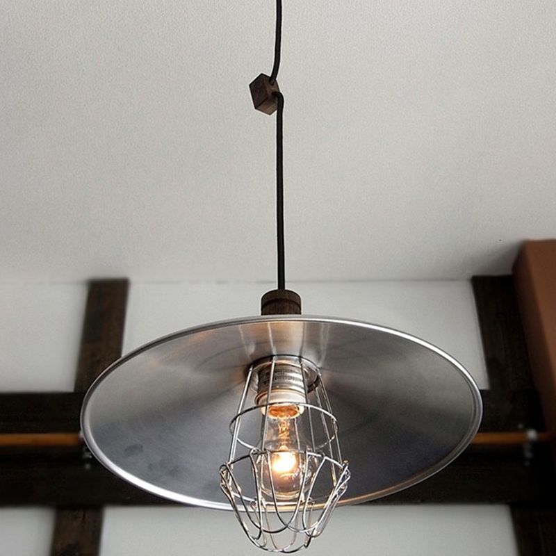 Aluminum Silver Pendant Lighting Flying Saucer 1-Light Farmhouse Ceiling Suspension Lamp with Wire Cage and Wood Cork