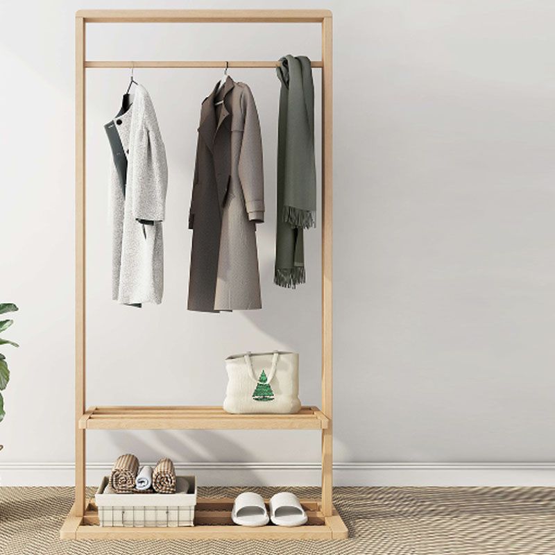 Classic Solid Wood Clothes Hanger Free Standing Coat Rack with Storage Shelving