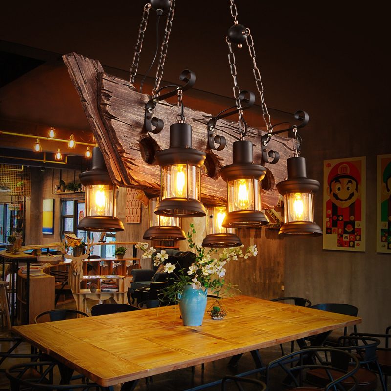 Wooden Brown Bar Pendant Light in Industrial Vintage Style Wrought Iron Hanging Lamp with Glass Shade