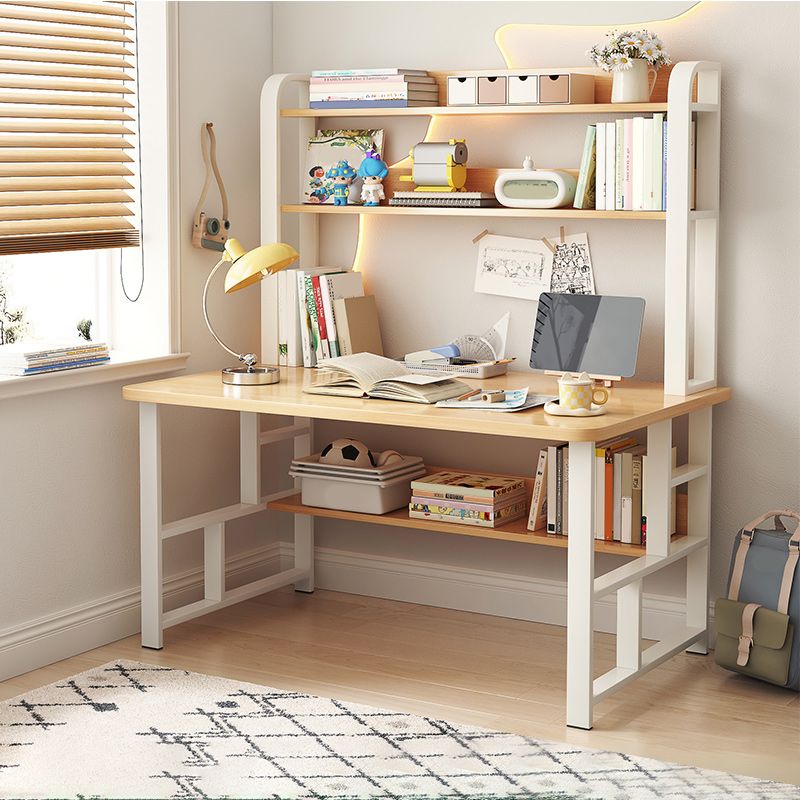 Modern Writing Desk with Wooden Storage Shelves in Steel Base