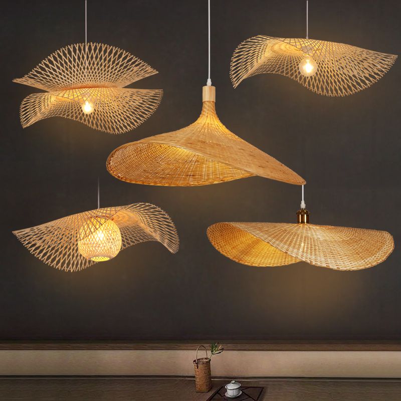 1-Head Dining Room Pendant Lamp Asian Style Hanging Light with Bamboo Shade