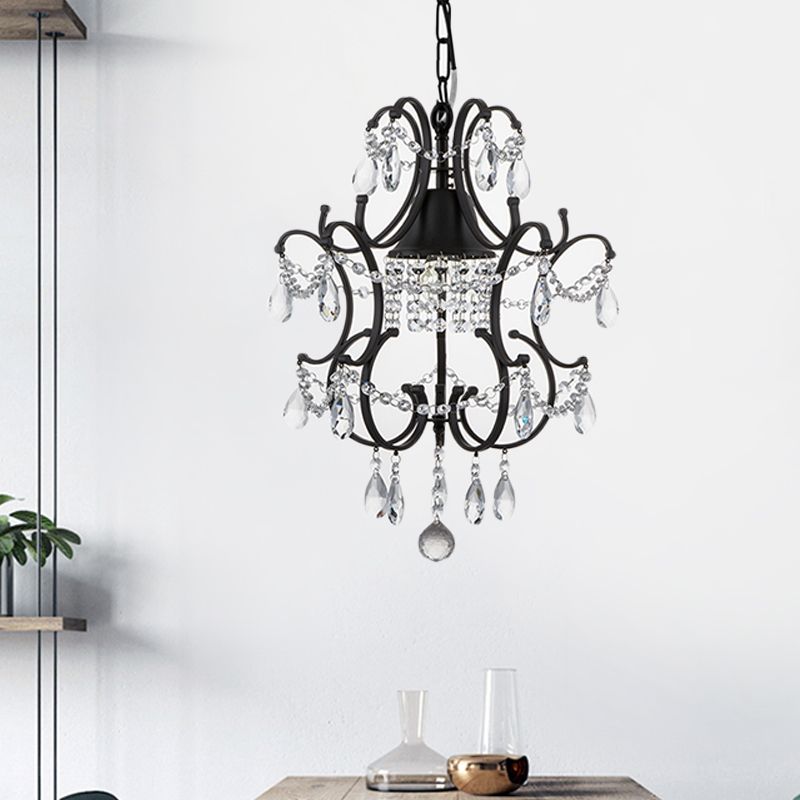 Lantern Pendant Light Fixture Vintage Iron Frame 1 Light Black Ceiling Light with Crystal Accent