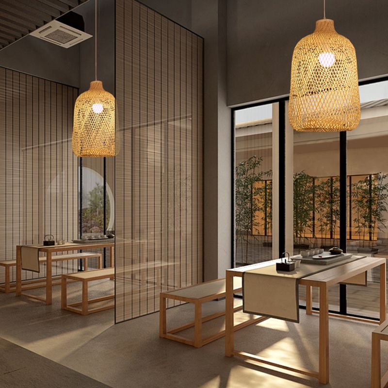 Luz de colgante de jaula de pájaros Luz de restaurante de bambú de bambú contemporánea Luz en madera