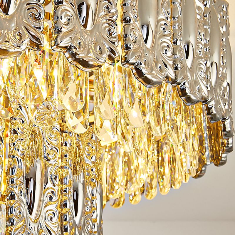 Iron and Crystal Drum Ceiling Flush in Gold Contemporary Flush Mount