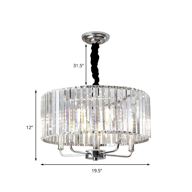 Tri-Sided Glass Rod Drum Ceiling Light Modern 4 Lights Chrome Ceiling Light, 19.5"/23.5" Wide