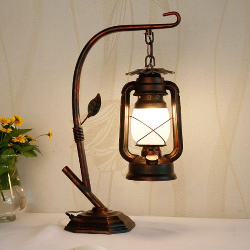 Brass/Copper Kerosene Table Light Warehouse Opal Glass 1 Light Bedroom Desk Lighting with Metal Base