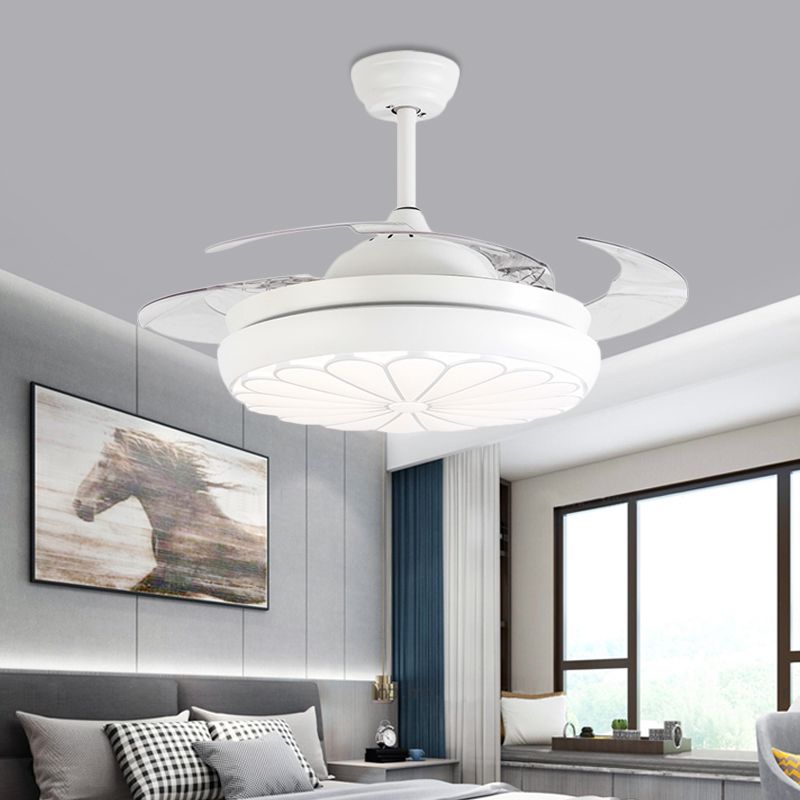 42" Width LED Ceiling Fan Lamp Minimalism Round Metal Semi Flush Mount Light Fixture in White with 4 Blades, Remote/Wall Control/Remote and Wall Control