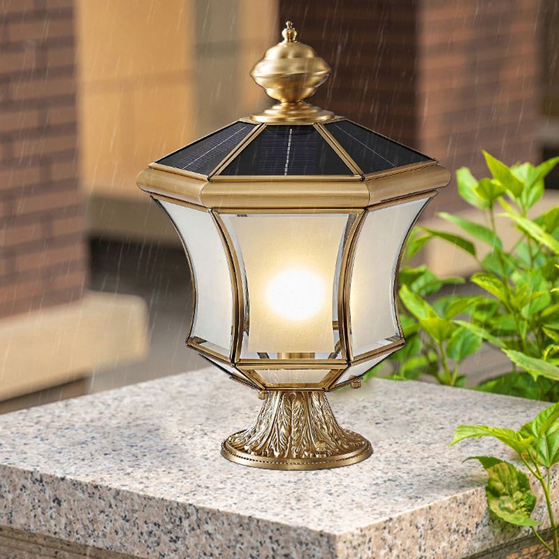 Metal Drum Shape Outdoor Lights Modern Style 1 Light Solar Pillar Lamp in Brass