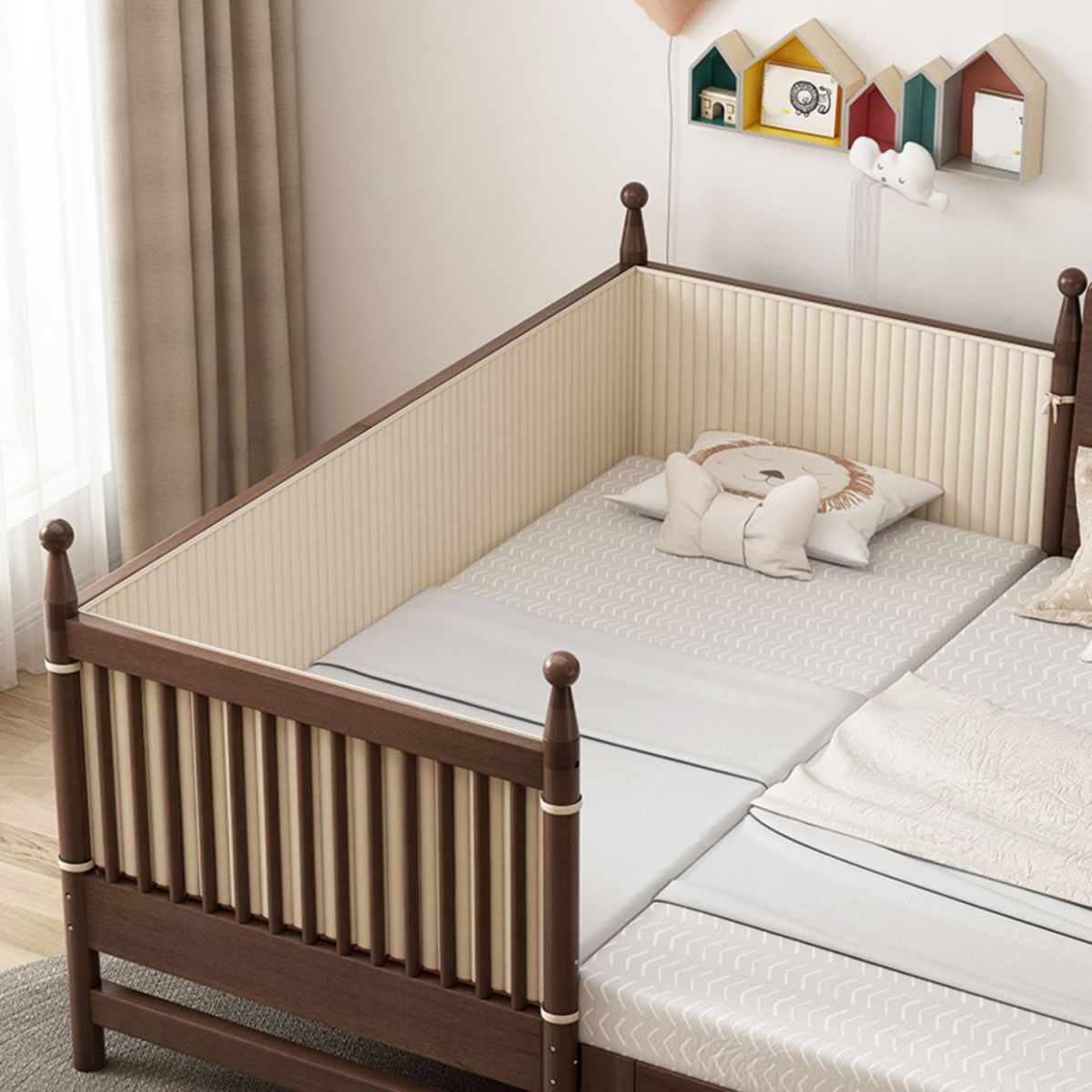 Solid Wood Washed Natural Nursery Bed Traditional with Guardrail