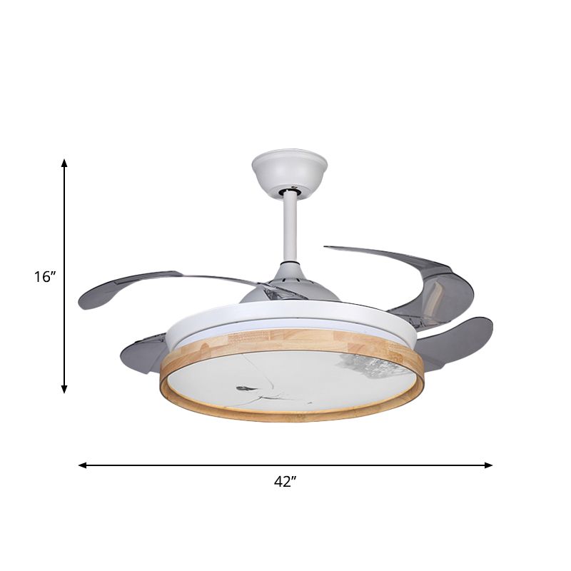 Circle Ceiling Fan Light Minimalism Acrylic White 4-Blade LED Semi Flush Mount with Wooden Detail, 42" Wide