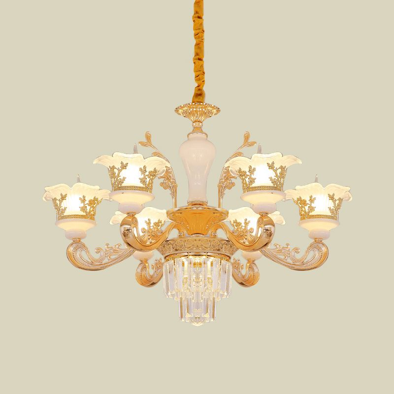 Postmodern Blossom Pendant 6 Lights Carved Cream Glass Chandelier in Gold with Crystal Accent