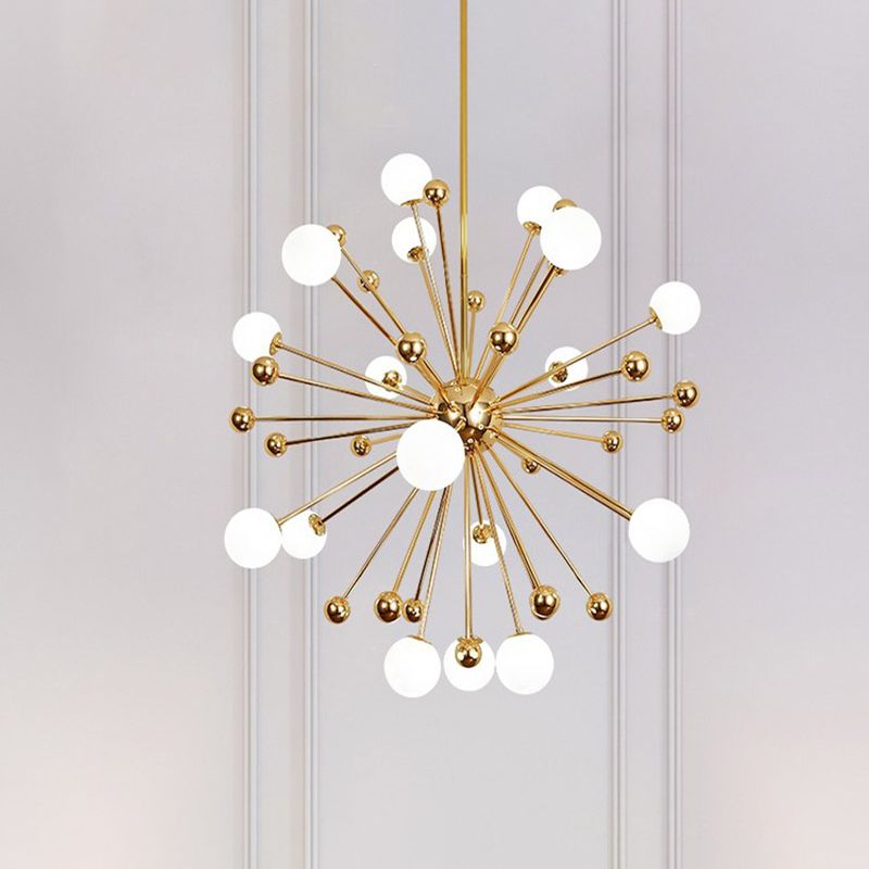 Designer Starburst Metal Chandelier Multi Lights Plafond Gold Plafond Lampe avec une teinte à billes en verre blanche, 23,5 "/31,5" / 39 "de large