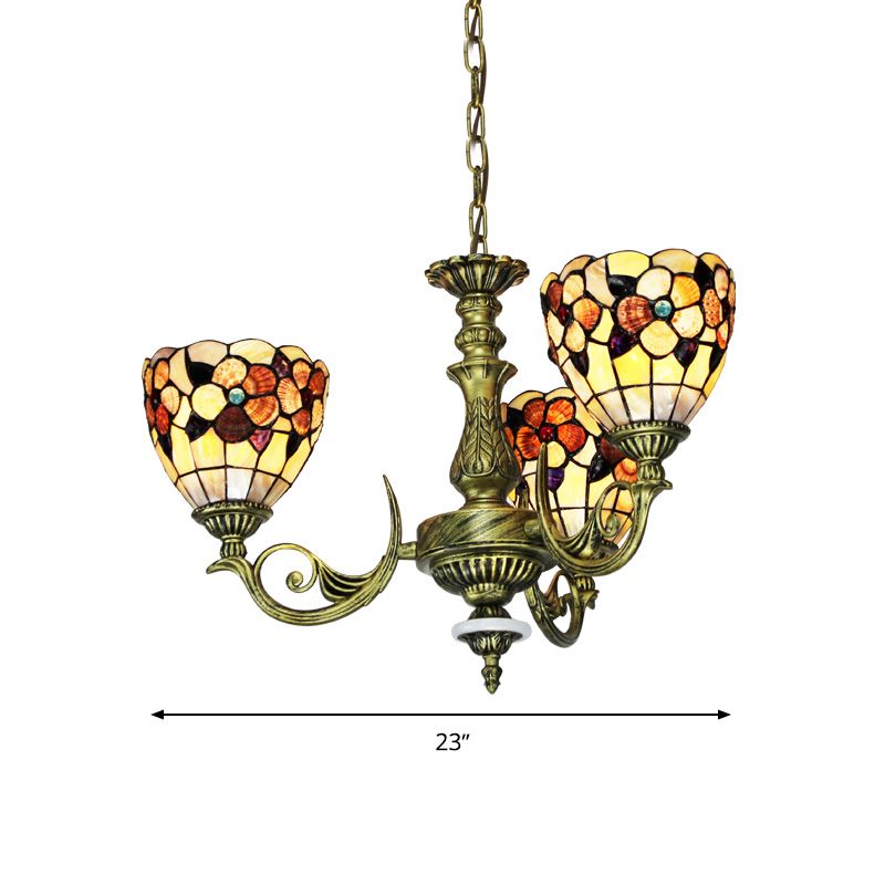 9/11 Lights Bedroom Ceiling Chandelier Tiffany Beige Flower Patterned Suspension Lamp with Bowl Shell Shade