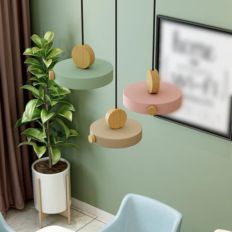 Macaron Style Hanging Light Fixture 1-Light Pendant Lamp with Wood for Living Room