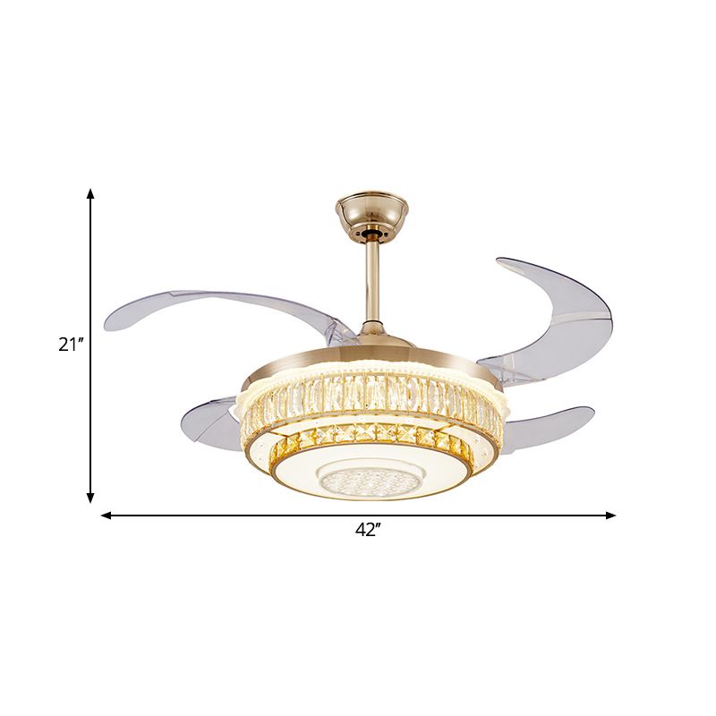 4 Blades LED Ceiling Fan Lamp Contemporary Circular Clear Crystal Blocks Semi Flush Light in Gold, 42" Width