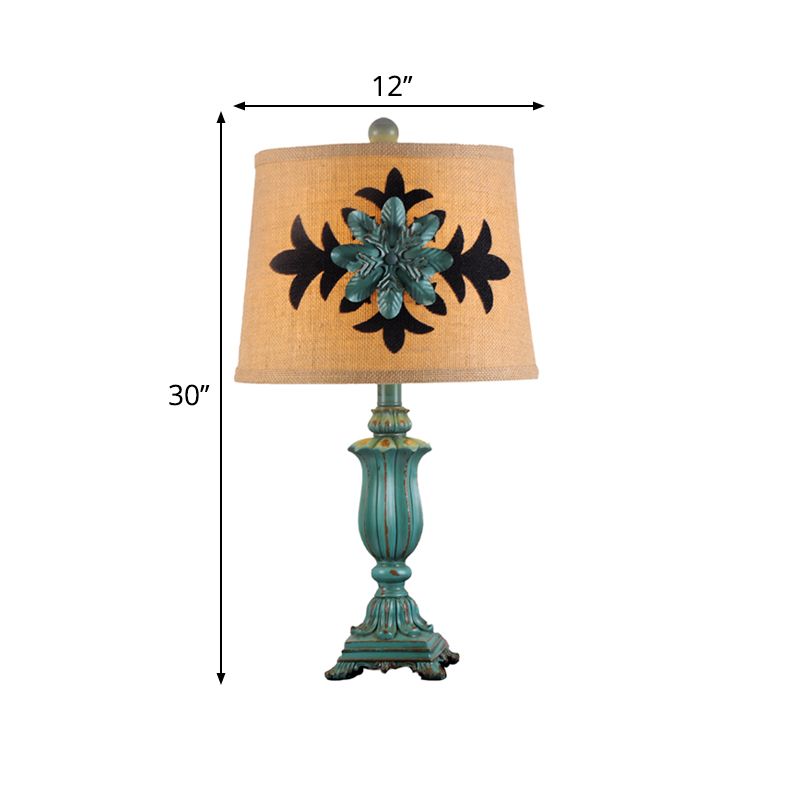 21"/30" H Barrel Shaped Desk Light Vintage Style 1 Bulb Fabric Night Table Lamp in Blue for Guest Room