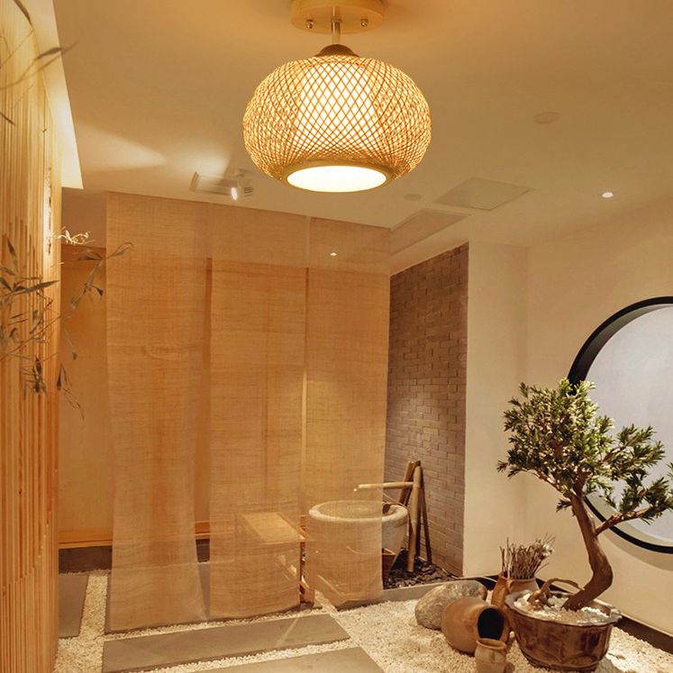 Sphere Semi Flush Mount Light Modern Rattan Ceiling Mount Chandelier for Bedroom