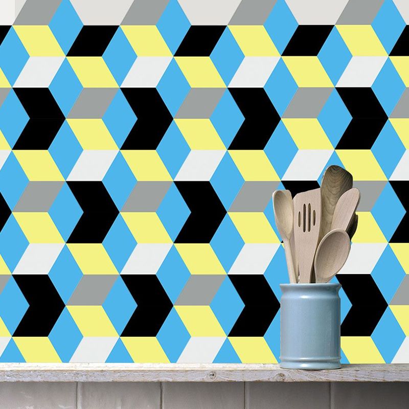 Faux 3D Cube Geometric Wallpapers Contemporary PVC Adhesive Wall Art in Yellow-Blue