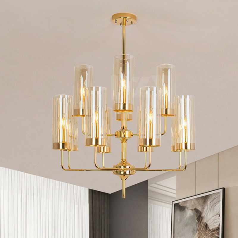 Cylindrical Up Chandelier Postmodern Glass Brass Finish Hanging Light for Living Room