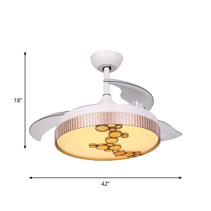 42" Width Acrylic Drum Semi Flush Mount Contemporary White 3 Blades LED Ceiling Fan Light with Bubble Decor