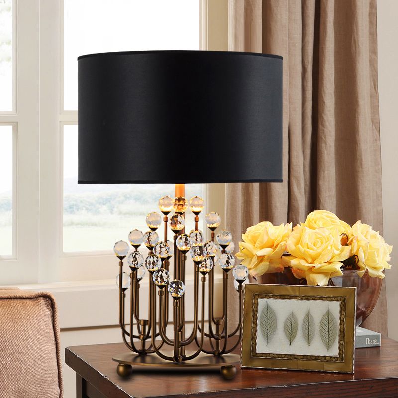 Drum Shape Fabric Task Light Modernism 1 Bulb Black Nightstand Lamp with Crystal Ball