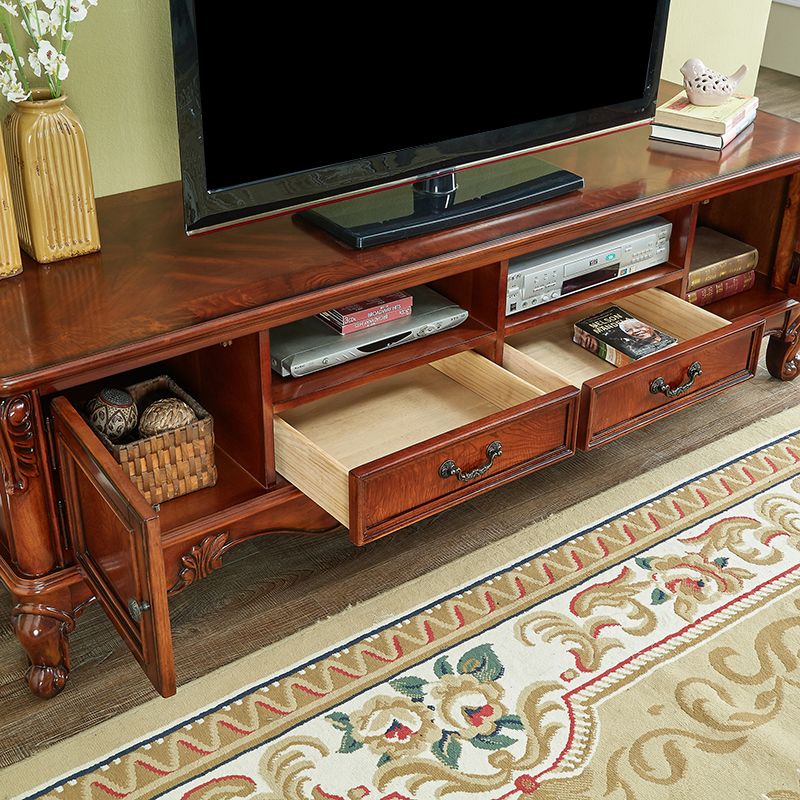 Brown Wooden TV Cabinet Traditional Style Home Living Room TV Stand Console with Drawers