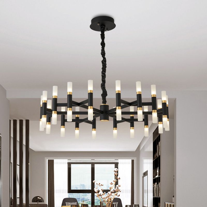 24/36/60 Lights LED Bedroom Chandelier with Tubular Iron Shade Modern Black/White Ceiling Pendant