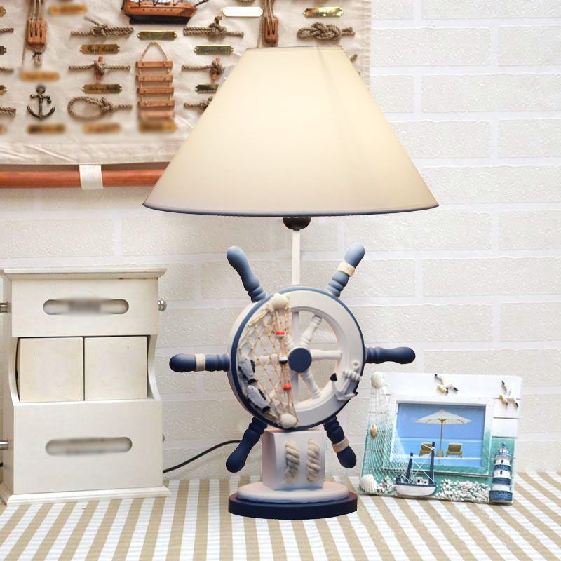 Lifebuoy/Rudder Wooden Table Light Kids 5-Light Blue Nightstand Lamp with Conical Fabric Shade