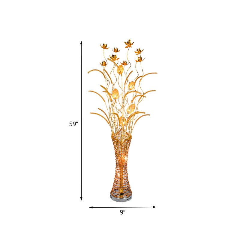 Art Decor Tower-Like Standing Lamp Metal LED Floor Reading Light with Blossom Design in Gold