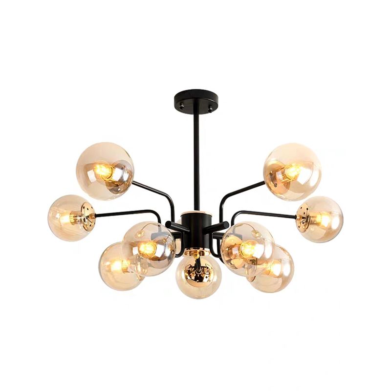 Sphere Living Room Chandelier Amber Glass 10 Bulbs Contemporary Pendant Ceiling Light in Black