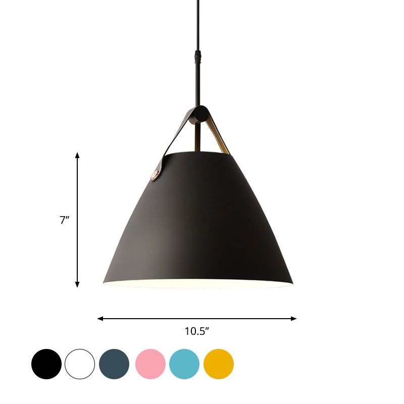 Truncated Cone Snack Bar Hanging Light Kit Aluminum 1-Head Macaron Pendant Light Fixture in Pink/Blue/Yellow with Leather Strap