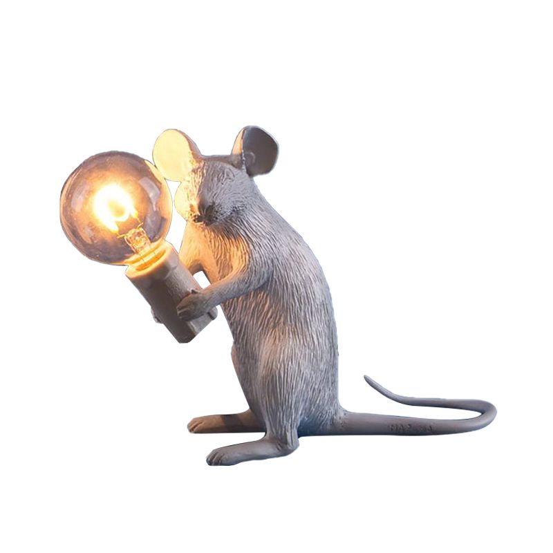 Resin Servant Mouse Night Light Kids Novelty 1 Bulb White Table Lighting for Bedside