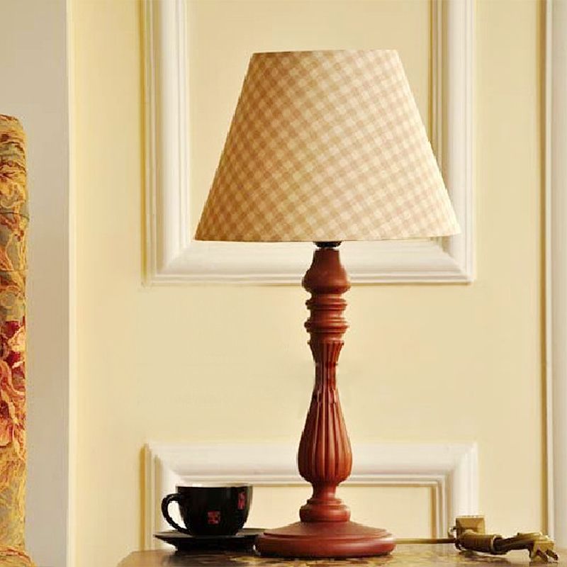 Beige/Tan/Dark Blue Barrel Shape Desk Lamp Traditional Fabric 1 Light Bedroom Reading Light with Wood Base