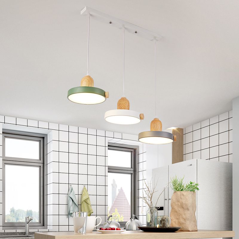 Nordic Pot Lid LED Pendant Lamp Acrylic 3-Head Dining Room Multi Ceiling Light in White and Wood