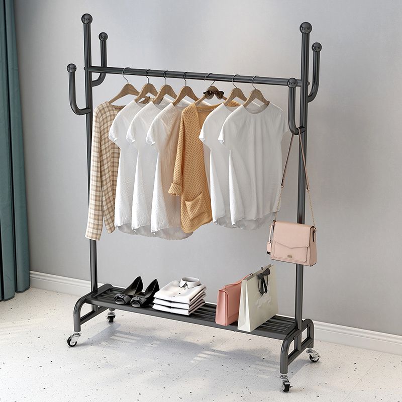 Classic Metal Clothes Hanger Castors Detail Free Standing Coat Rack with Storage Shelving