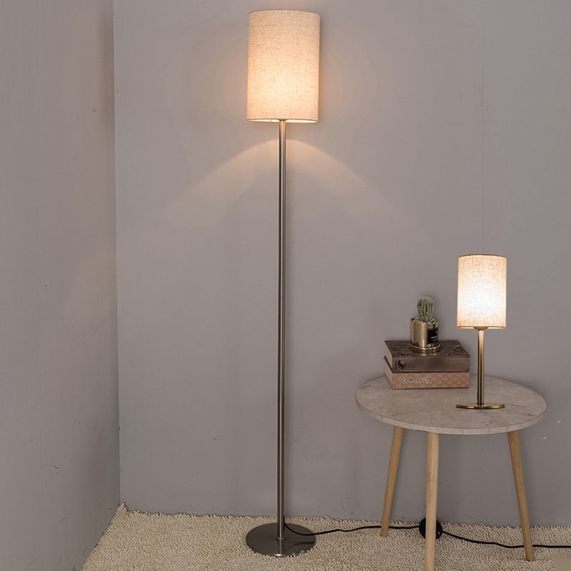 Simplicity Cylinder Floor Lamp Single-Bulb Fabric Standing Light in Chrome for Bedroom