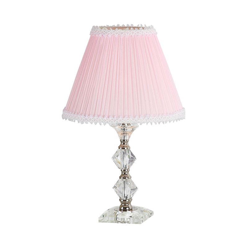 Candlestick Bedroom Desk Light Classic Clear Crystal 1-Head Pink Nightstand Lamp with Scalloped/Tapered Shade