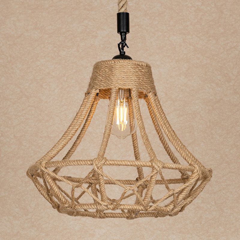 Lodge Diamond Shaped Drop Pendant 1 Bulb Hemp Hanging Ceiling Light in Brown for Cafe