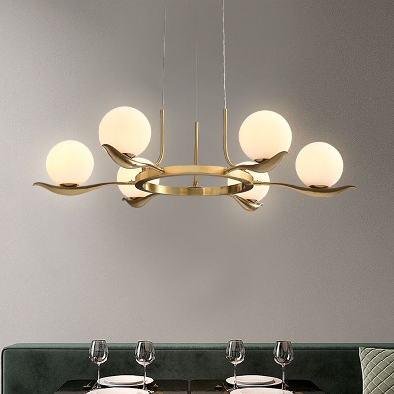 Frosted White Glass Ball Ceiling Chandelier Modern 6 Heads Suspended Lighting Fixture in Brass