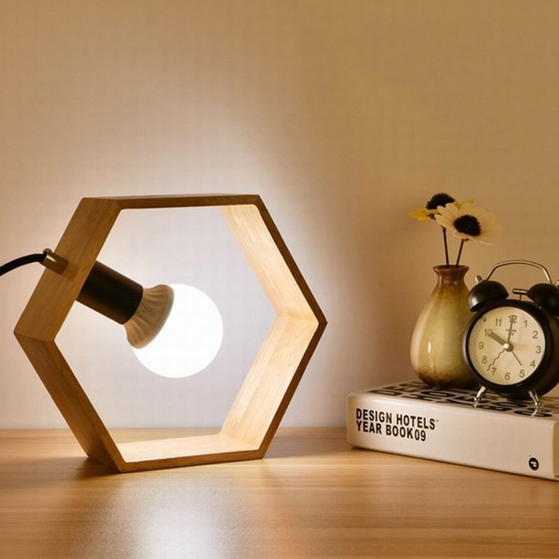 Wooden Hexagon Night Stand Light Minimalist Single Table Lighting with Naked Bulb Design