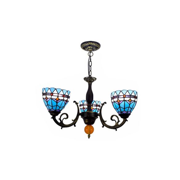 3 Lights Bowl-Shaped Hanging Light Tiffany Stained Glass Chandelier Light with Tulip Pattern for Living Room