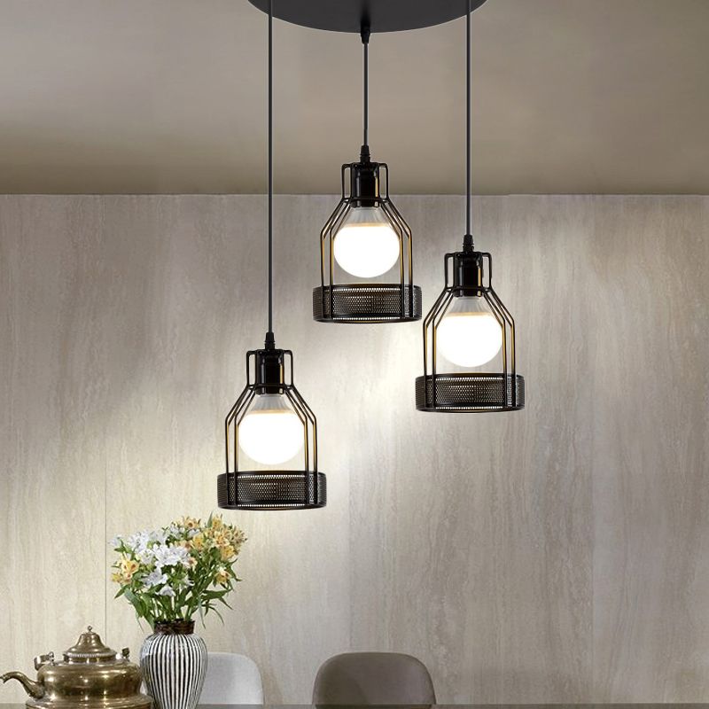 Iron Bottle Frame Cluster Pendant Industrial 3 Bulbs Dining Table Suspension Lighting with Mesh Bottom in Black