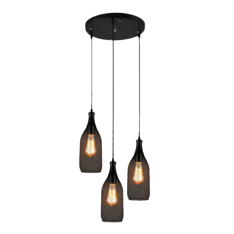 3/6 Lights Metal Pendant Light Industrial Style Black Bottle Mesh Shade Restaurant Hanging Lamp