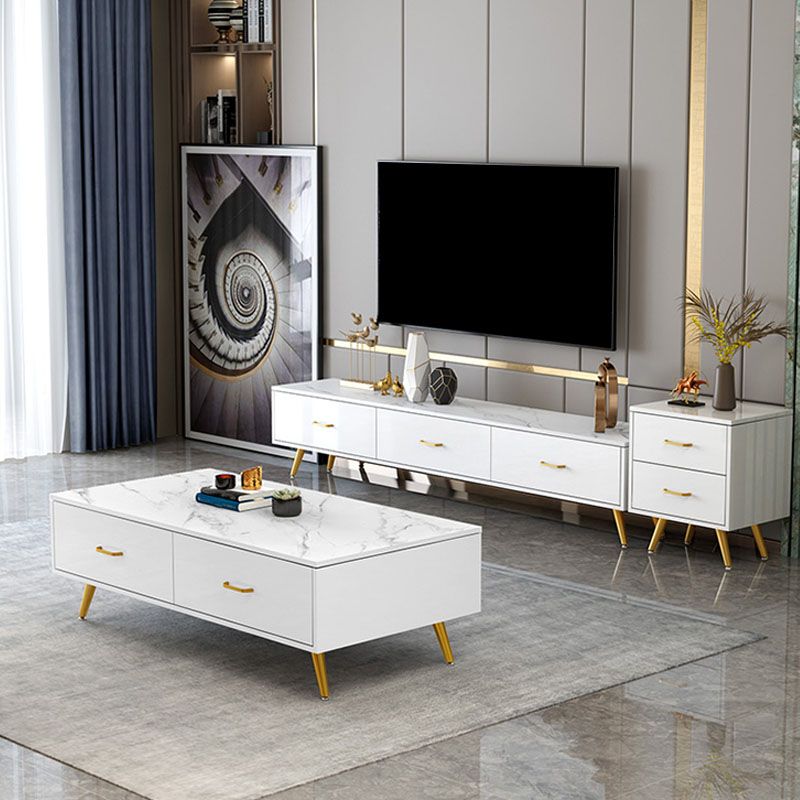 Modern TV Media Stand with Gold Metal Legs Stone Top Media Console with Drawers