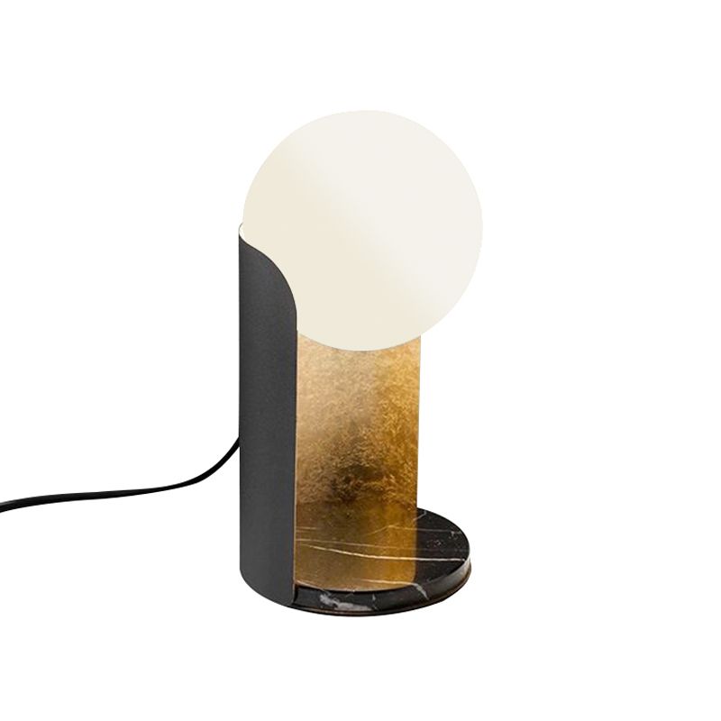 Designer Ball Shade Night Light White Glass 1 Bulb Bedroom Table Lamp with Curved Stand in Black and Gold Inner