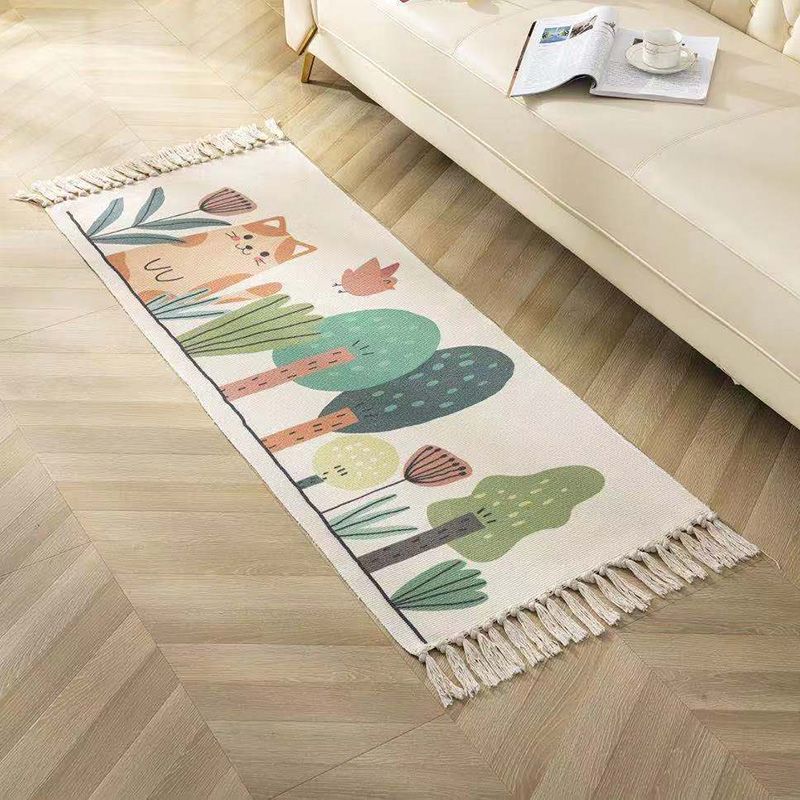 Classic Geometric Printed Rug Multi-Colored Cotton Blend Carpet Easy Care Washable Rug with Fringe for Bedroom