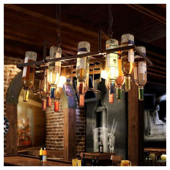 2-Light Clear Glass Hanging Chandelier Industrial Black Multi-color Wine Bottle Bistro Pendant Light