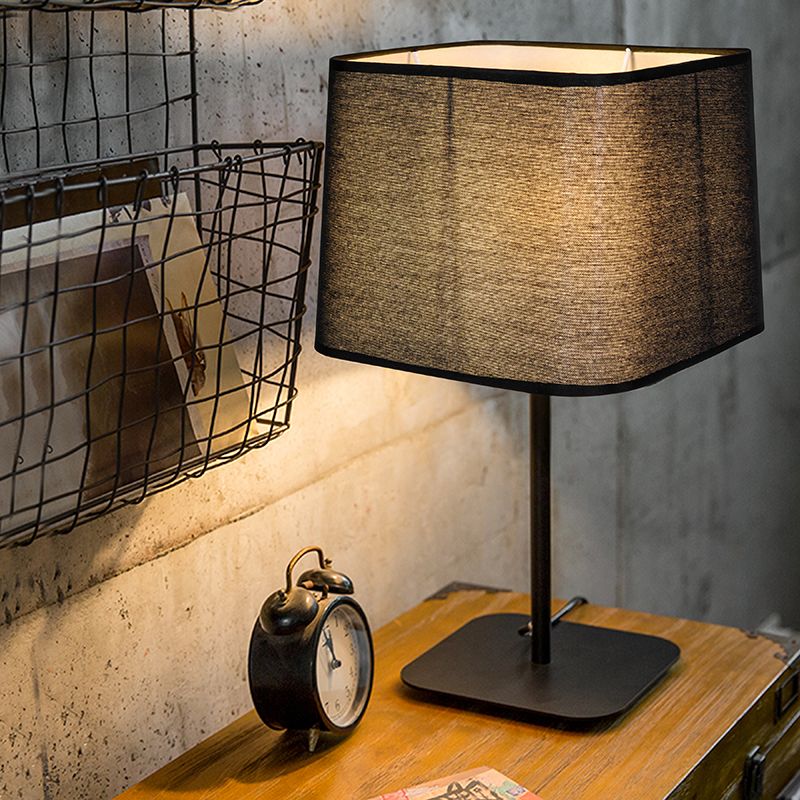 Simplicity 1 Bulb Night Table Light Black Cuboid Plug-In Desk Lamp with Fabric Shade for Bedside