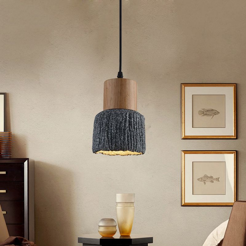 Antiqued Cup-Shape Ceiling Light 1 Head Cement Hanging Pendant Lamp in Silver/Black/Bronze and Wood